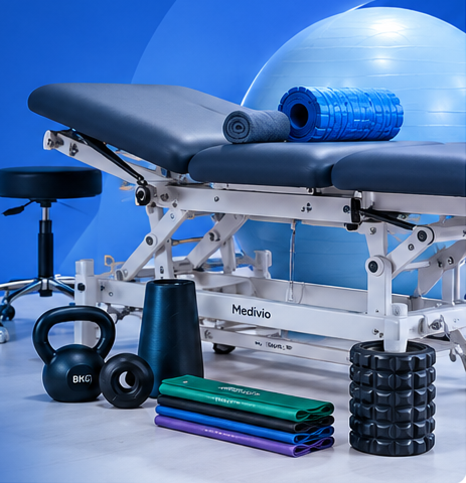 Illustrative Medivio campaign featuring physiotherapy equipment and training accessories